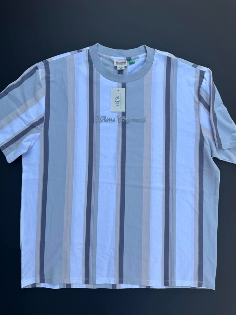 Guess Men's Vertical Stripe Short Sleeve Tee in Light Blue and Gray